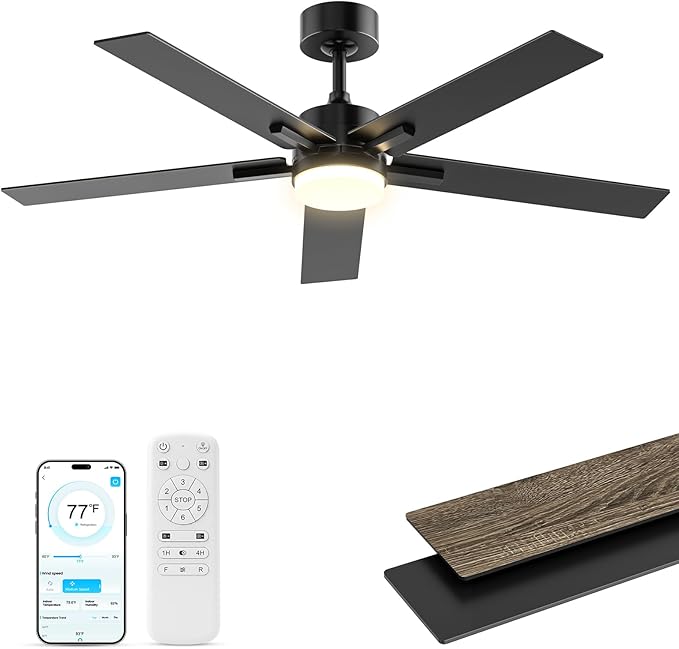 Obabala Ceiling Fan with Light 52 Inch, DC Motor Ceiling Fan with Remote and APP Control, Dimmable LED Color Changing, Reversible Quiet Fan for Bedroom Living Room Indoor Outdoor, Modern
