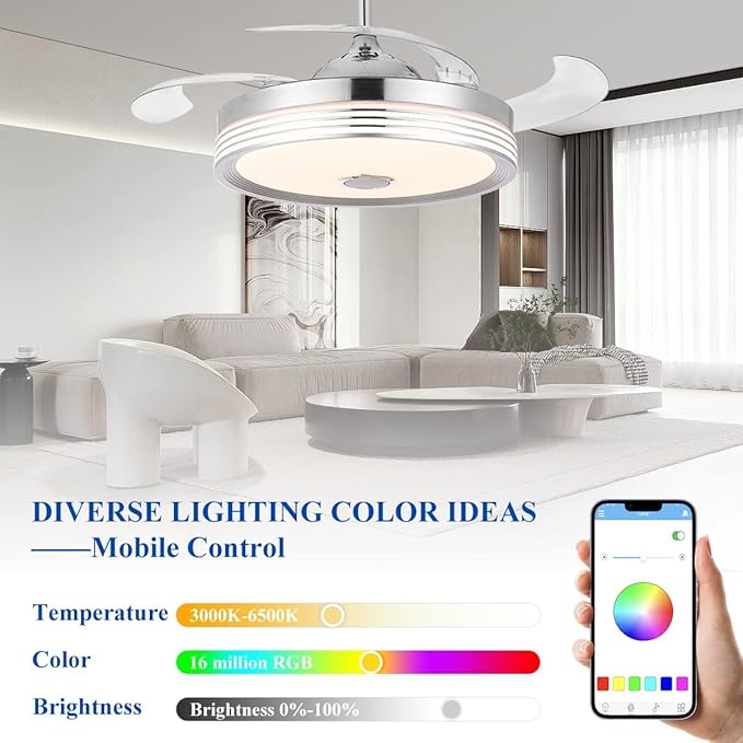 42 inch Retractable Ceiling Fan with Lights and Remote Control, 6Speed Dimmable Fandelier, RGB Modern Smart Ceiling Fan Light with Bluetooth Speaker, Reversible Bedroom