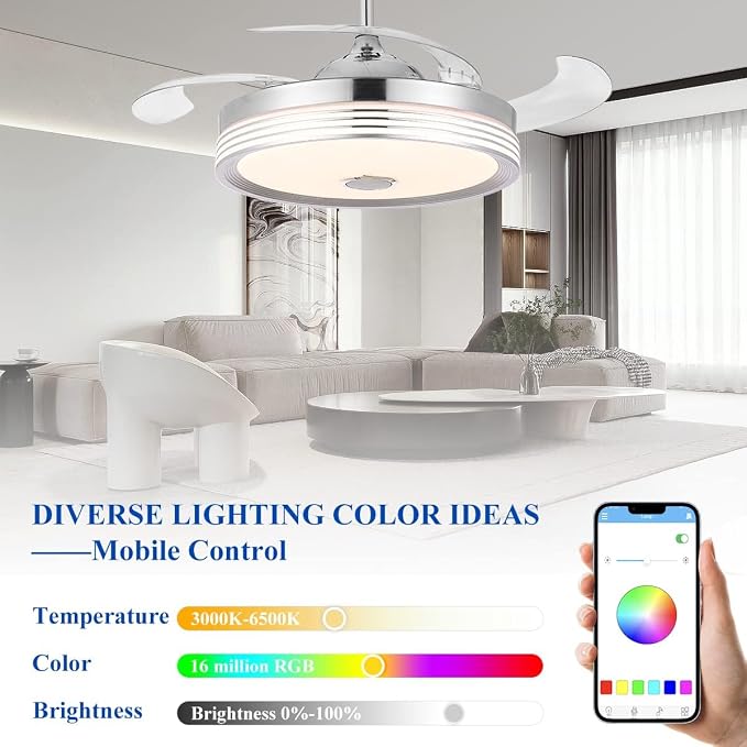 48 inch Modern Retractable Ceiling Fan with Lights and Remote Control, 6Speed Dimmable Fandelier, Smart Ceiling Fan Light with Bluetooth Speaker, RGB Color Reversible Bedroom Living Room, Chrome