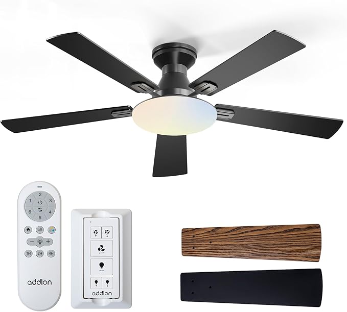 addlon Ceiling Fans with Lights, 52 inch Flush Mount Ceiling fan with Remote Control, Wall Remote, Reversible, 3CCT, Dimmable, Noiseless DC Motor, Black Low Profile Ceiling Fan for Bedroom, Farmhouse
