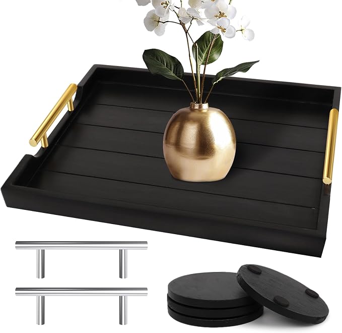 SXNOWS Wooden Serving Tray with 2 Sets of Handles,Black | Rectangle 16.5x13 Inch Ottoman Decorative Tray for Coffee Table Kitchen Bar Living Room Breakfast in Bed, 4 Coasters Included