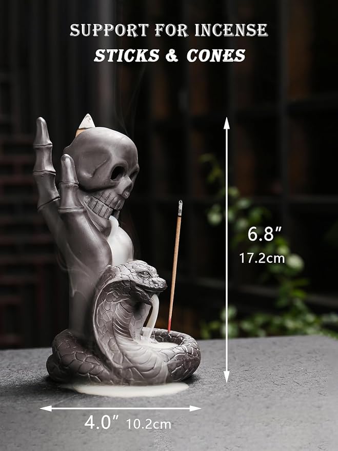 Skull Snake Incense Burner Holder - Backflow Waterfall Cone Incense Holder, Ceramic Unique Skeleton Incense Burner with Cones & Sticks for Halloween/Aromatherapy/Yoga/Home/Room/Office Deco