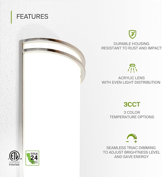 ASD Indoor LED Wall Sconce Lights - 14 Inch 20W Brushed Nickel Modern LED Wall Sconces Hardwired - ETL Dimmable 3000K 4000K 5000K Adjustable Sconce Light Fixture for Bedroom, Hallway
