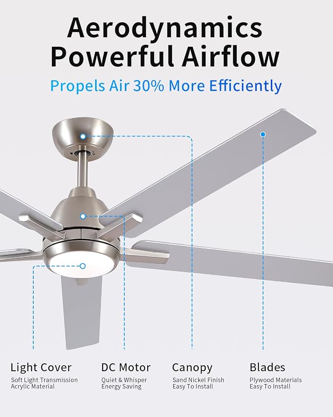 60 Inch Downrod Brushed Nickel Ceiling Fan with Light & Remote, ETL Listed | 6 Speed, Quiet DC Motor, 3-Level Timer Function, 3 Color Temperature, Forward/Reserve For all Seasons, Indoor/Covered Outdoor
