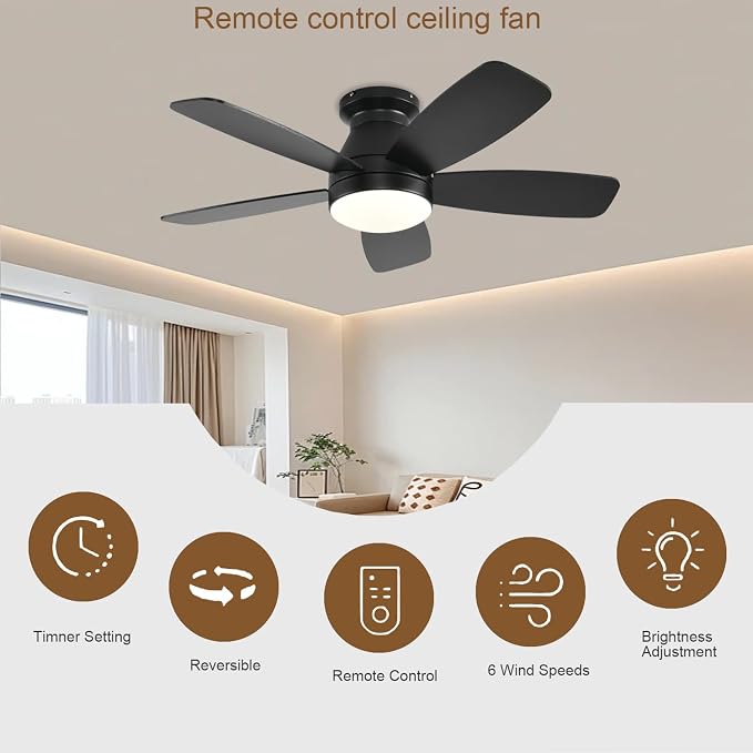 FUMLTP 42inch Ceiling Fans with Lights, Low Profile Ceiling Fan with Light and Remote Control, Flush Mount, Reversible DC Motor, Dimmable, Quiet, Black Small Ceiling Fan for Bedroom Indoor/Outdoor Use