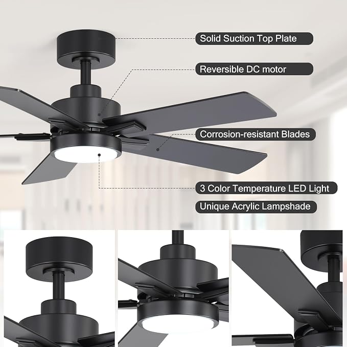 Ceiling Fans with LED Lights, 42 Inch 5-Blade Black Ceiling Fan Remote Control, Modern Ceiling Fan with Reversible DC Motor, Downrod Mount LED Ceiling Fan Light for Living Room Bedroom