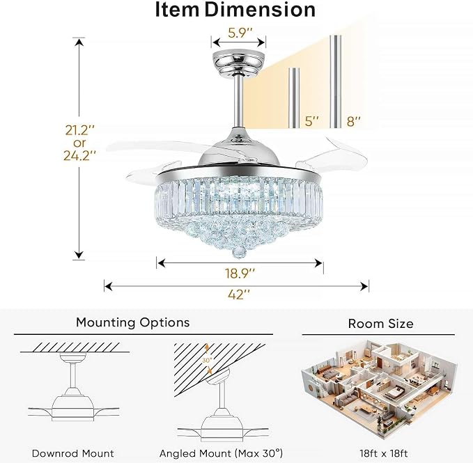 FIDGRA 42'' Fandelier Ceiling Fan with Light, Retractable Chandelier Fan, 3 Color Temperature, 6 Wind Speed, Crystal Ceiling Fan for Bedroom Living Room Dining Room-Chrome