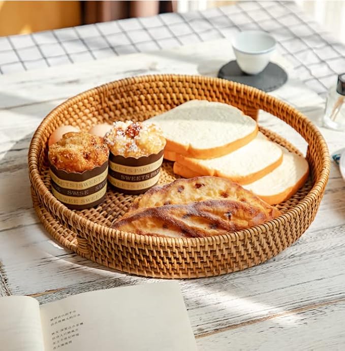 YANGQIHOME Rattan Round Serving Tray, Decorative Coffee Table Tray, Hand Woven Serving Basket with Handles, Ottoman Wicker Fruit/Bread Serving Basket, 13.8 inch
