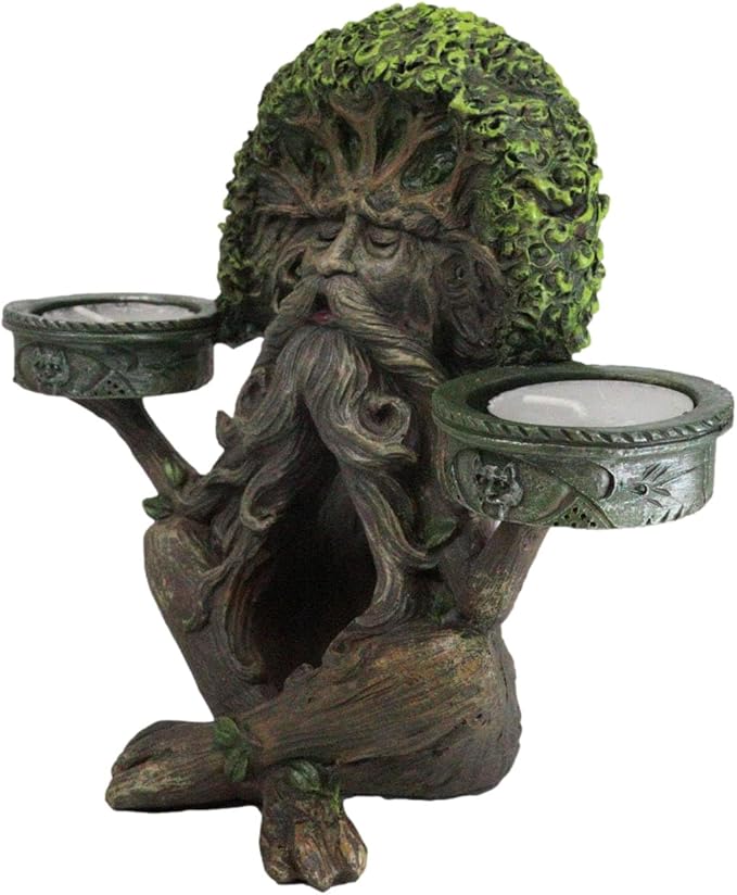 Ebros Gift Mystic Forest Celtic Greenman Tree Man God Ent Meditating Waterfall Smoke Backflow Incense Cone Burner and Double Votive Candleholders Figurine Horned God Tree of Life