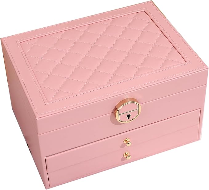 GUOER Jewelry Box for Women Girls, 3 Layers Large Jewelry Organizer (Pink) | Vintage Quilting Stitching PU Leather, Earrings Bracelets Rings Necklace Watches Storage Large Jewellery Holder Case Gifts