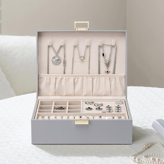 VLANDO 2 Layer Jewelry Box Large Jewelry Organizer for Women Removable Jewelery Tray for Necklace Earrings Rings Bracelets Jewelry Boxes Christmas Birthday Gifts for Women(Grey)