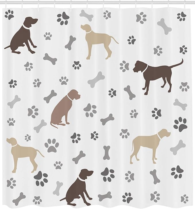 Ambesonne Dog Lover Shower Curtain, Paw Print Bones and Dog Silhouettes American Foxhound Breed Playful Pattern, Cloth Fabric Bathroom Decor Set with Hooks, 69" W x 84" L, Umber Beige Grey