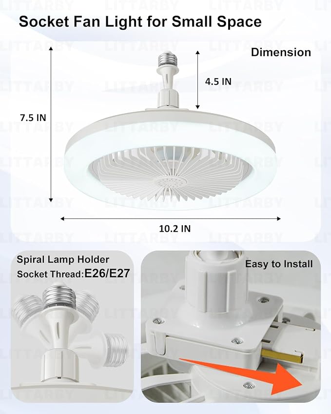 Socket Fan Light with Remote Control, 3 Colors 3000K-6500K Dimmable LED Light Bulb Fan Screw in Ceiling Fan for Bedroom, Kitchen, Storage Room, Closet, Wireless Small Ceiling Fans with Lights - White