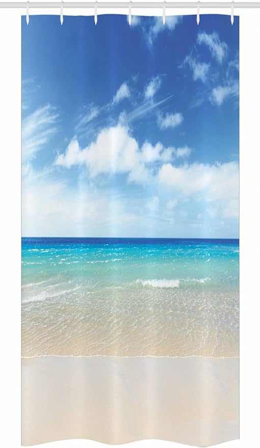 Ambesonne Ocean Stall Shower Curtain, Tropical Sandy Beach at Summer Sunny Day Holiday Vacation Theme Image Print, Fabric Bathroom Decor Set with Hooks, 36" W x 72" L, Blue Ivory