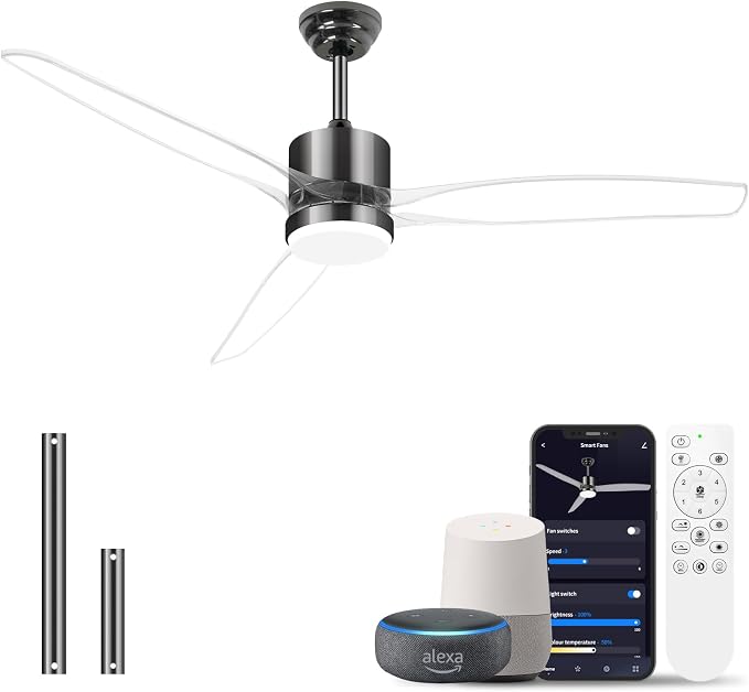 OKELI 52" Smart Ceiling Fan with Light, WiFi Enabled for Alexa & App Control, Reversible Black Modern Ceiling Fan with Dimmable LED Light and Remote, Clear Blades for Living Room Bedroom