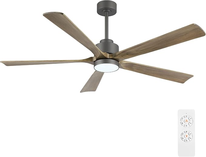 ELEHINSER 60" Modern Ceiling Fan with Light and Remote Control, 5 Solid Wood Blades 6-Speed Noiseless Reversible DC Motor, Ceiling Fan for Kitchen Dinning Living Room, Charcoal Finish with Wood Blades