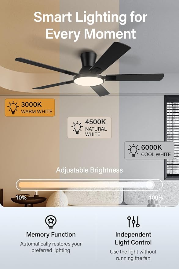 52 Inch Smart Ceiling Fans with Lights, Compatible with Alexa/Google, Remote/App Control, Flush Mount Metal Ceiling Fan, Dimmable 3CCT LED, Quiet Reversible DC Motor for Bedroom Living Room
