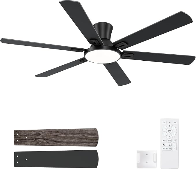 60 Inch Black Ceiling Fans with Lights and Remote, Flush Mount Low Profile 6 Blades Ceiling Fan, Quiet Reversible DC Motor for Living Room, Bedroom and Patio