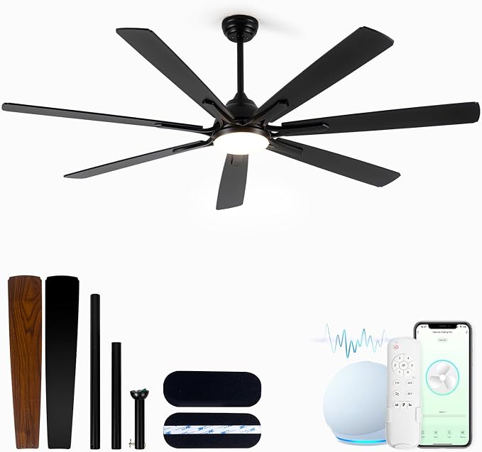 Minislak 72" Large Smart Ceiling Fan with Light Remote Control via WiFi Alexa,6-Speeds Quiet DC Motor,Dimmable,Indoor Outdoor Black Ceiling Fan for Living Room,Patio,Dual Finish 7 Blades