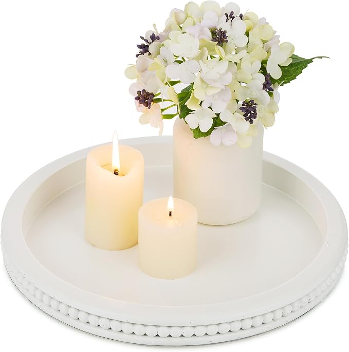 Hanobe Round Decorative Tray for Coffee Table, White, 11.8-inch | Beaded edge, crafted from wood, holds candle and vase, modern farmhouse style for dining table centerpiece and living room