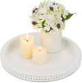 Hanobe Round Decorative Tray for Coffee Table, White, 11.8-inch | Beaded edge, crafted from wood, holds candle and vase, modern farmhouse style for dining table centerpiece and living room