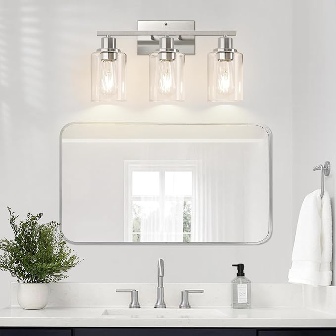 Indoi 3-Light Bathroom Light Fixtures, Brushed Nickel Modern Vanity Lights with Clear Glass Shades, Bathroom Wall Lamp for Mirror Living Room Cabinet Bedroom Porch