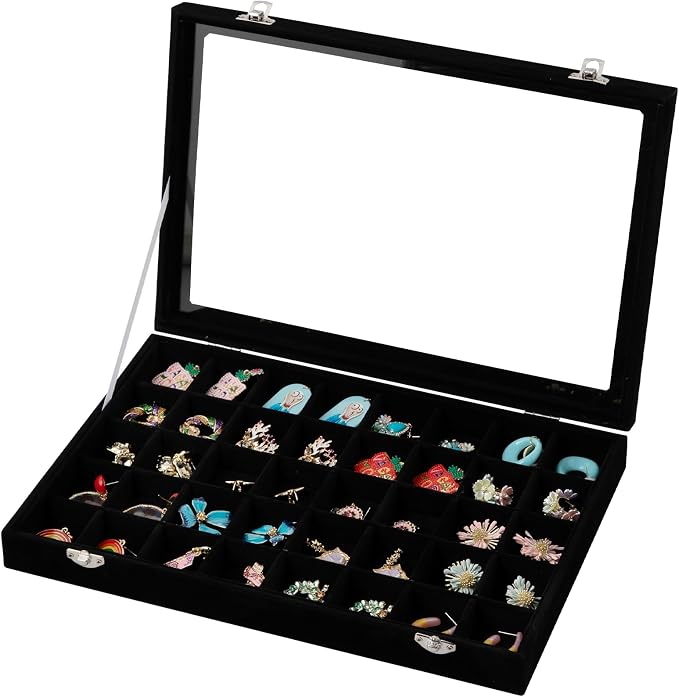 Frebeauty 40 Grid Earring Organizer,Velvet Jewelry Tray with Clear Lid | Drawer Jewelry Organizer for Rings Studs Beads,Adjustable Dividers,Dustproof,Earring Storage,Trinket Box,13.8×9.5Inches