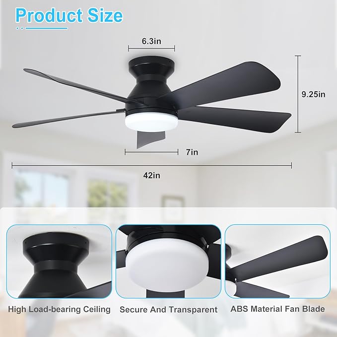 Depuley Modern Ceiling Fan with Light: 42-Inch Black Small Fans for Bedroom Indoor Outdoor - Dimmable Low Profile Ceiling Fans with Remote Control Flush Mount 5 Reversible Black Blades 6 Speeds Timer