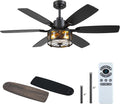 Hounberi 52" Farmhouse Ceiling Fans with Lights and Remote, Black Industrial Ceiling with Seeded Glass, 6-Speed Reversible DC Motor, Caged Ceiling Fans for Living Room Bedroom