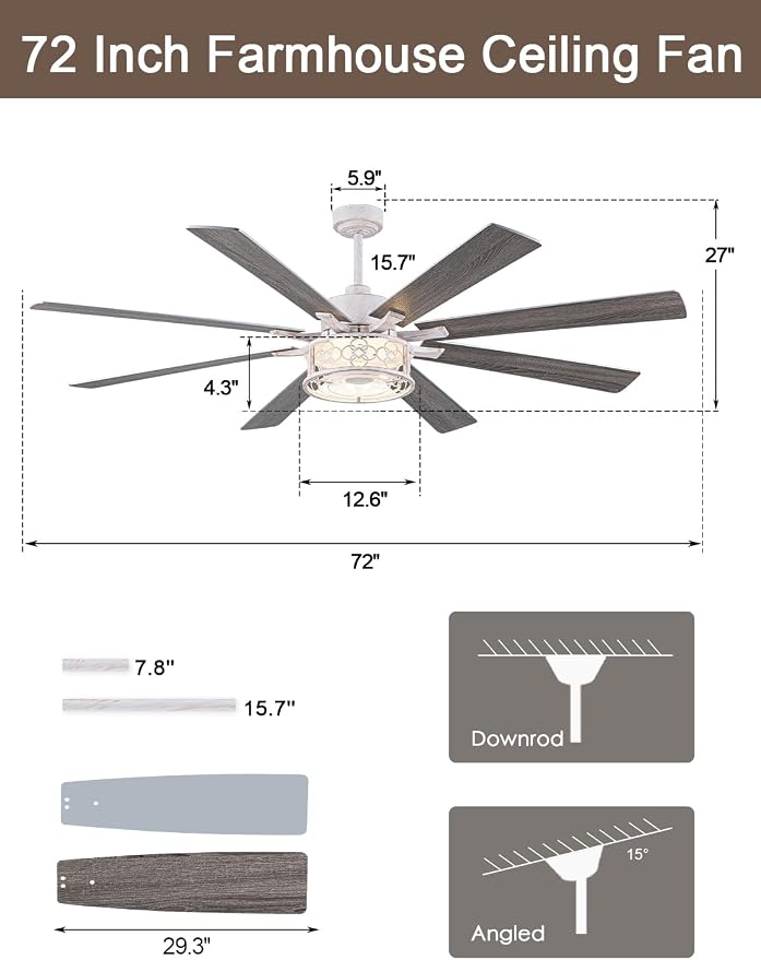 72 in Farmhouse Ceiling Fan with Lights Large Rustic Ceiling Fan | Retro White Caged Fandelier, Industrial Chandelier Light with Remote for Living Room Indoor, Reversible DC Motor 6 Speeds