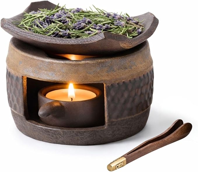 Zen Ceramic Incense Holder with Wooden Tongs, Tealight Wax Warmer and Essential Oil Burner for Wax Melts, Dried Herbs and Palo Santo, Aromatherapy Stove for Bedtime Calm, Meditation, Home and Office