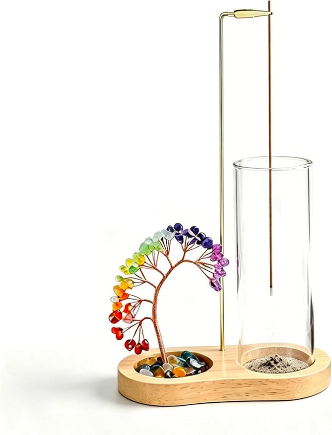 Upside-Down Hanging Incense Stick Holder with 7 Chakra Crystal Tree Design, Glass Ash Catcher & Wooden Base - Aromatherapy Accessory for Meditation, Yoga & Home Decor