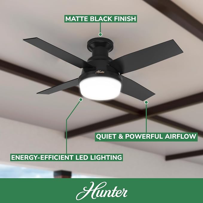 Hunter Dempsey, Outdoor or Indoor, Ceiling Fan, Quiet, 44 inch, Matte Black