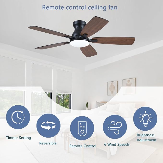 NKPU Ceiling Fans with Lights, Low Profile Ceiling Fan with Light and Remote/APP Control, DC Reversible Motor, Noiseless, Flush Mount, 46inch Brown Ceiling Fan for Bedroom Indoor/Outdoor Use