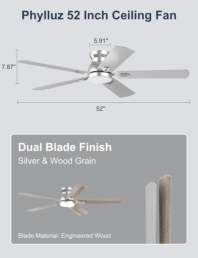 52'' Silver Flush Mount Ceiling Fan with Lights for Bedroom | App/Remote Control, Low Profile, Space-Saving, Quiet DC Motor, 3CCT Dimmable, 6 Speeds Modern Overhead Fan for Low Ceilings