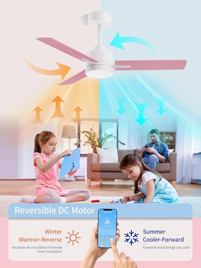 LANMEL 42'' Ceiling Fan with Lights and Remote, Pink Blue Ceiling Light for Kids Room, Modern Ceiling Fan for Boys Girls, 6 Speed, Reversible, 3000k-6000k LED, Quiet DC Motor for Indoor Outdoor