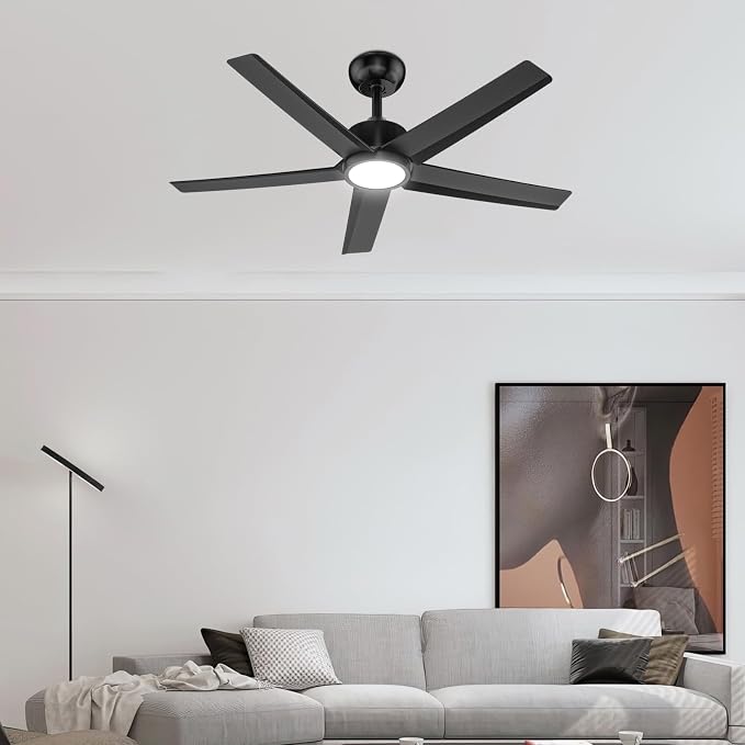 ocioc 44" Ceiling Fans with Lights, Black Ceiling Fan with LED Light and Remote, Reversible Airflow, 6 Speeds, Timer, Dimmable, Modern Ceiling Fan for Bedroom, Living Room