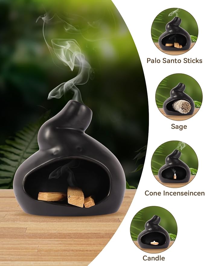 Handmade Ceramic Palo Santo Holder, Mini Ceramic Fireplace for sage, Ideal for Meditation and Altars – Durable Design for Sticks Burning, Unique Meditation Gift（Black）