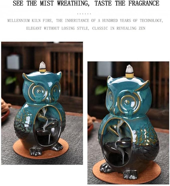 Backflow Incense Burner Holder Owl Shape Waterfall Porcelain Incense Holder Home Decor with Incense Cone Sticks Holder Incense Sticks Backflow Incense Cones Mat Tweezer Gift Set
