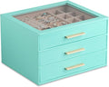 Frebeauty Jewelry Box for Women,Clear Lid Jewelry Organizer with 3 Drawers | Faux Leather,Velvet Lining,3 Layers,Jewelry Storage for Ring Earring Stud,Dustproof Design,Gift Choice,Golden Stylish Handle
