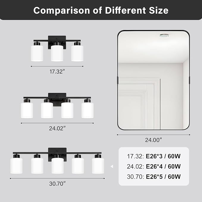 FonmYim Black Bathroom Light Fixtures, 4-Light Modern Vanity Light Over Mirror, Wall Sconces with Milky White Frosted Glass Shades, E26 Socket (Bulbs Not Included)