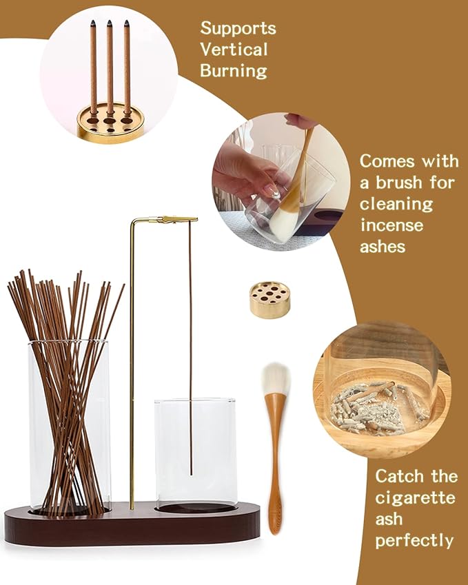 Glass Incense Holder for Sticks, Hang Upside Down Incense Burner with Storage & Ash Catcher, Anti-Ash 2 in 1, Comes with Brush & Greeting Card, Meditation Yoga Home Decor Gift