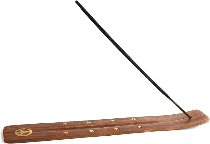 Wooden Incense Holder for Sticks with Inlays of Brass Peace 10 inches Long