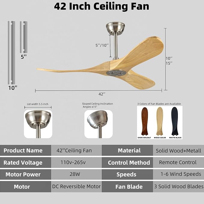 42 Inch Modern Ceiling Fan Without Lights,Reversible DC motor silent ceiling fan, increase air circulation, suitable for living room, dining room, bedroom outdoor (Brushnickle+Natural Wood, 42 inch)