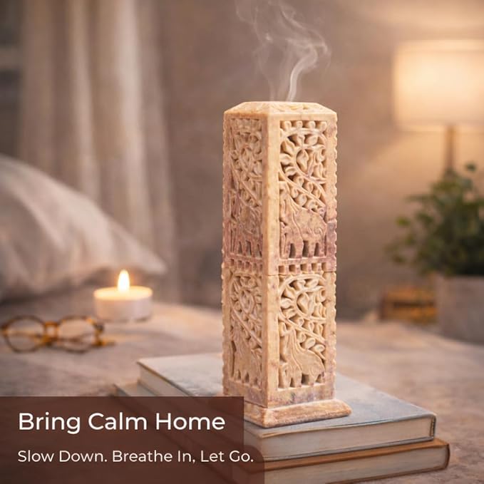 Handmade Stone Incense Stick Holder | Unique King Size Long Tower Burner | Camphore - Tealight - Dhoop Batti - Candles Holder for Yoga, Meditation and Home Decor. (Elephant)