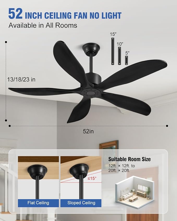 52" Ceiling Fan Without Lights 5 Blades Ceiling Fans with Remote Black | Ceiling Fan Without Lights for Patios Indoor, ETL Listed, Timer, 6 Speeds, 3 Color, Reversible Quiet DC Motor, Under 25dB
