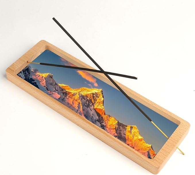 Incense Holder for Sticks with Wide Glass Base Golden Mountain Landscape Wooden Incense Tray Home Decor AEFTJI