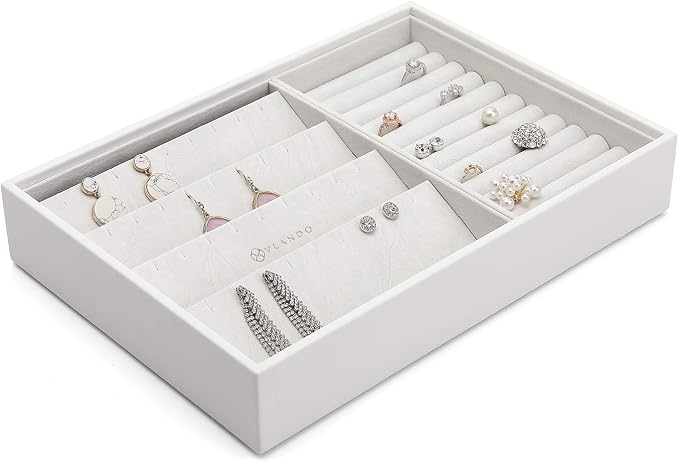 VLANDO Stackable 4-Layer Jewelry Tray - Multipurpose Jewelry Accessories Display Storage and Organizer for Earring Necklace Bracelet Ring, White with Clear Lid