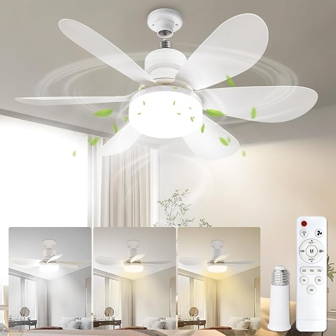 20.5"Socket Fan Light with Remote,E26 Base 40W/3000-6000K Dimming | Portable Small Screw in Ceiling Fan with Light Bulb for Bedroom,Kitchen,Garage,3Color Modes,1900LM 8-Level Dimming Brightness