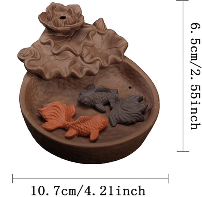 Backflow Incense Holder Burner Lotus Goldfish Pond Handicraft Censer Ceramic Incense Stick Holder Waterfall Back Flowing Incense Burner + 20 Backflow Incense Cones 30 Incense Sticks 1 Tweezer 1 Mat